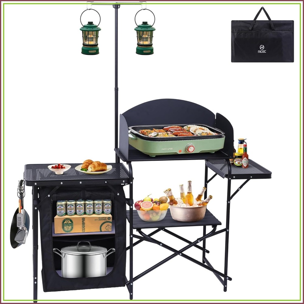 Camping Cooking Table With Windshield - Portable Camping Kitchen Station with Light