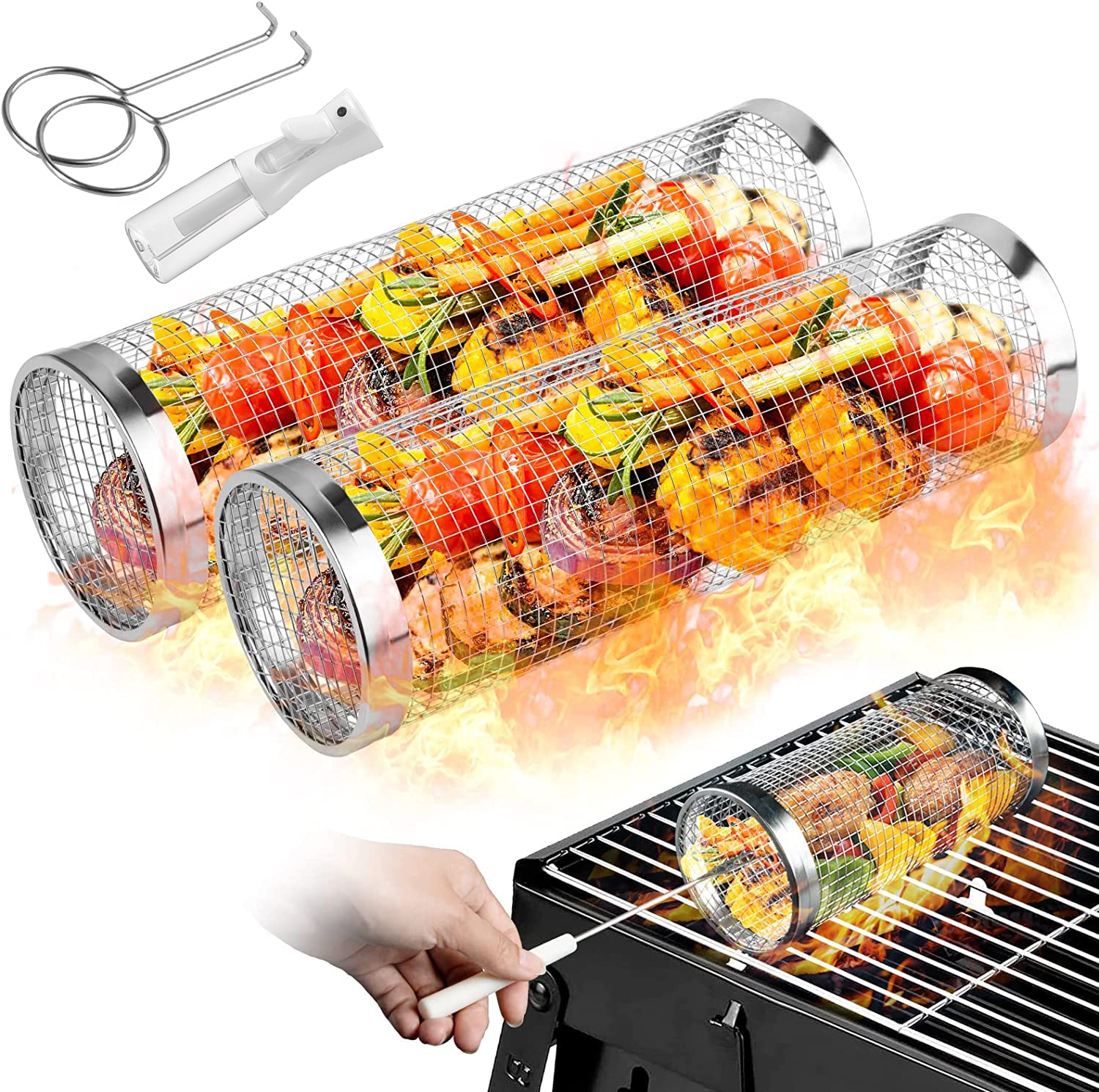 Camping Cooking Basket - 2 Pieces Rolling Grilling Baskets for
